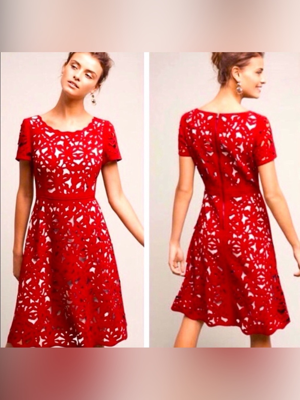 Moulinette Soeurs anthropology Red Laser-Cut Fit-and-Flare Midi Dress